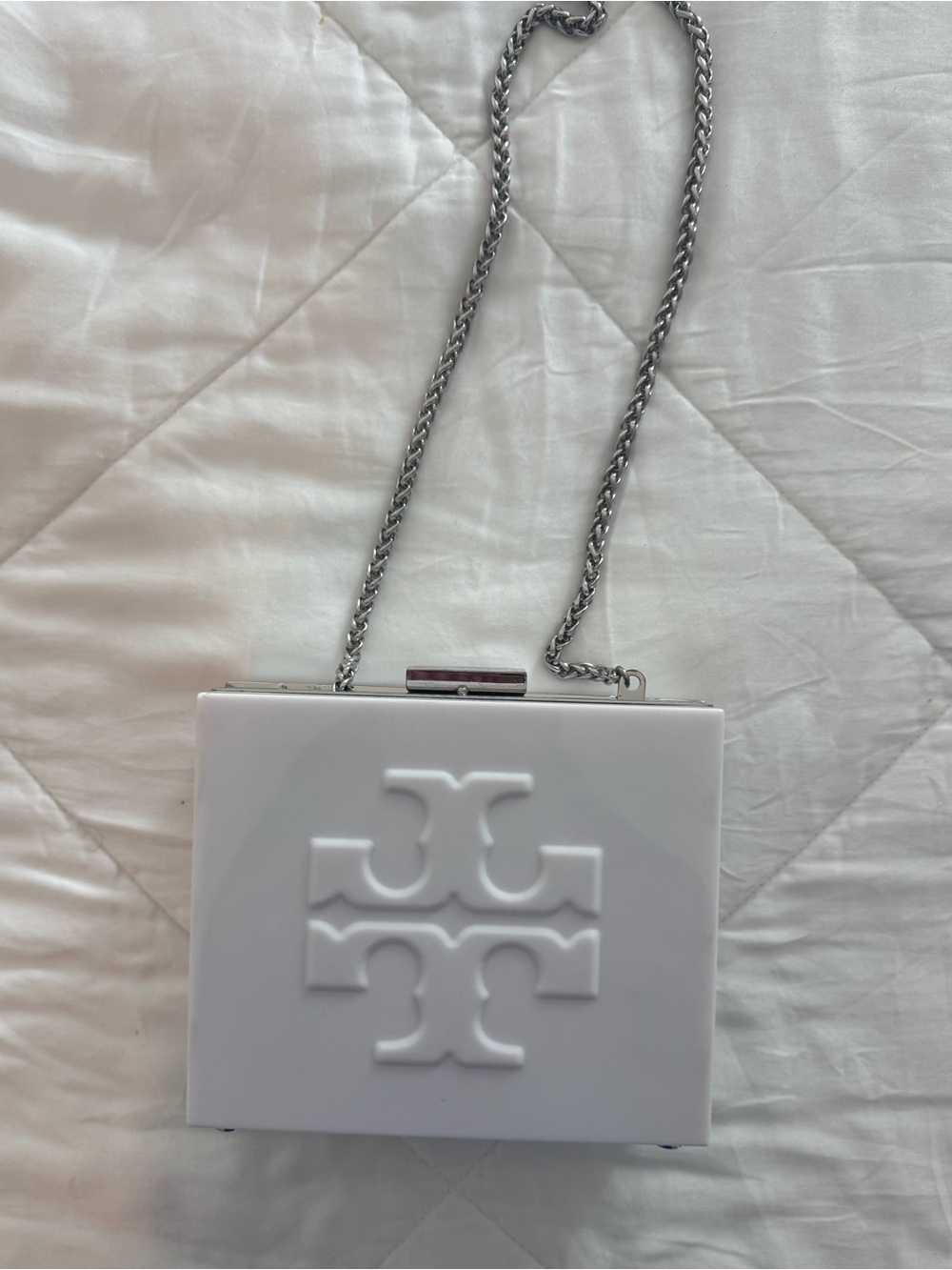 Tory Burch White Box Clutch with Silver Chain